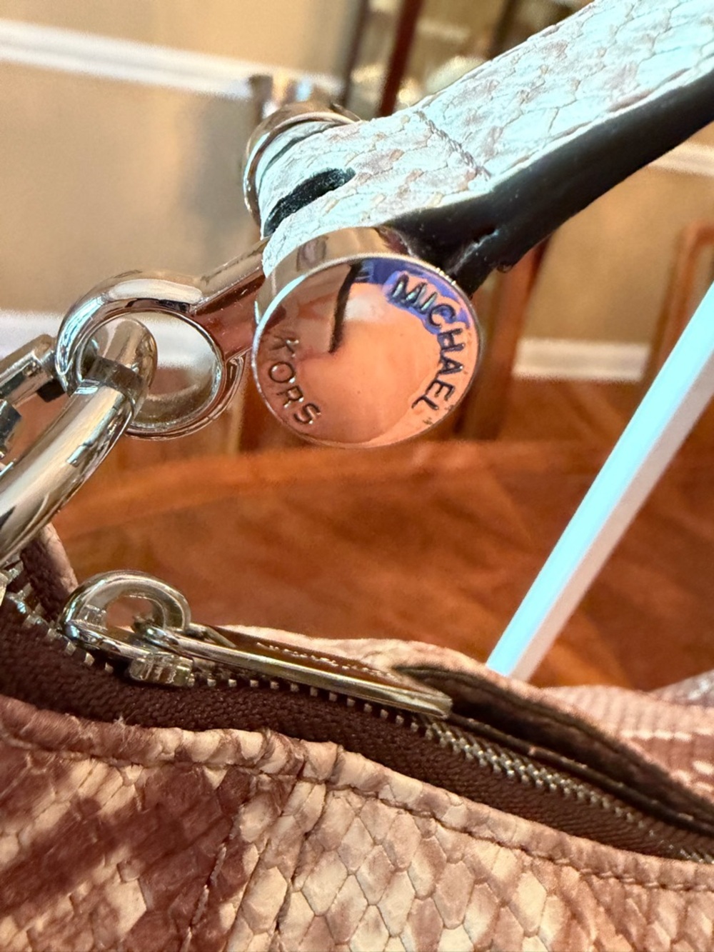 NWT Michael Kors Fulton Baguette Bag in (Dark Sand) Taupe Python-Print MSRP $339 - Picture 3 of 10